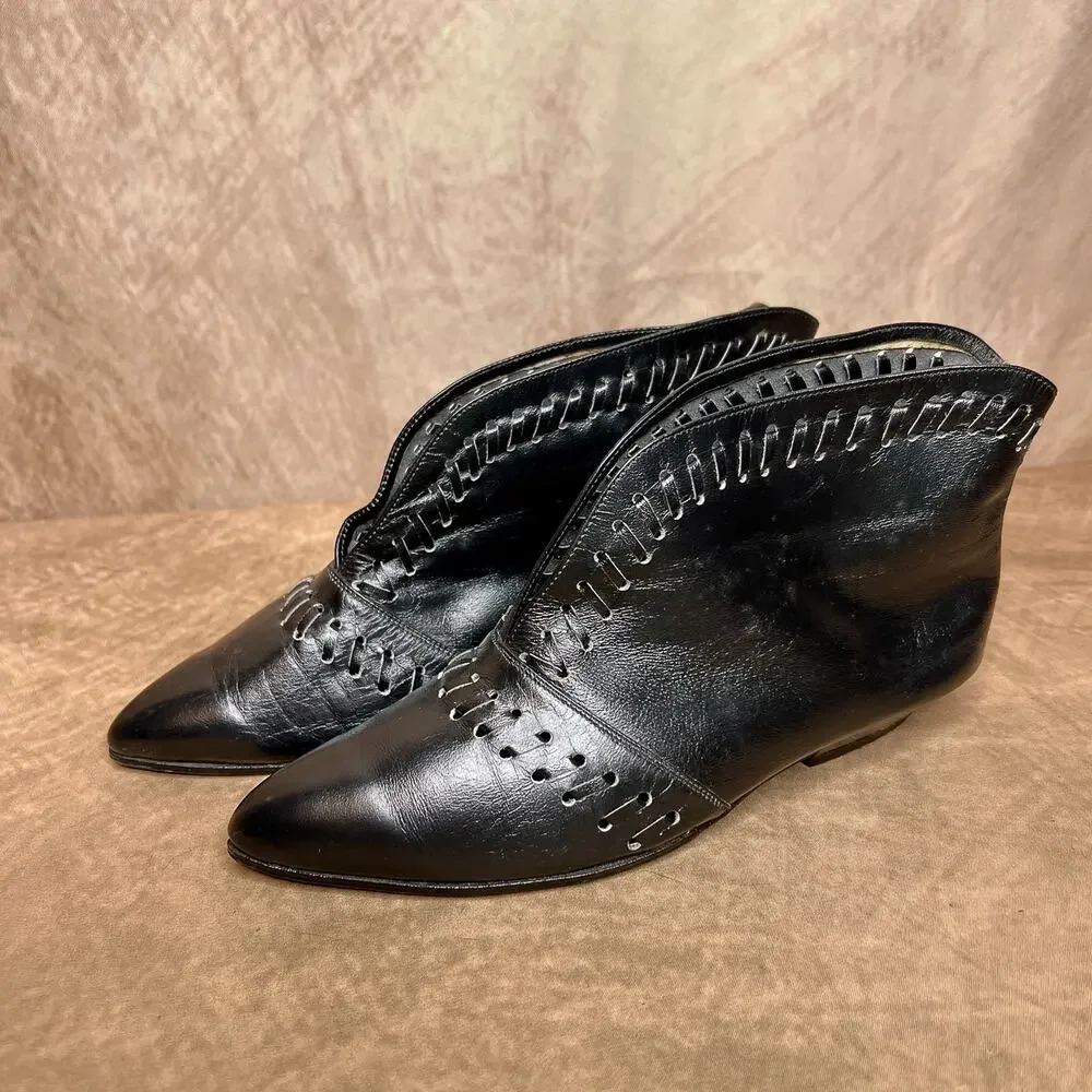 Vintage 60s Joanna Black Whip Stitch Style Western Victorian Ankle Boots - Picture 1 of 12